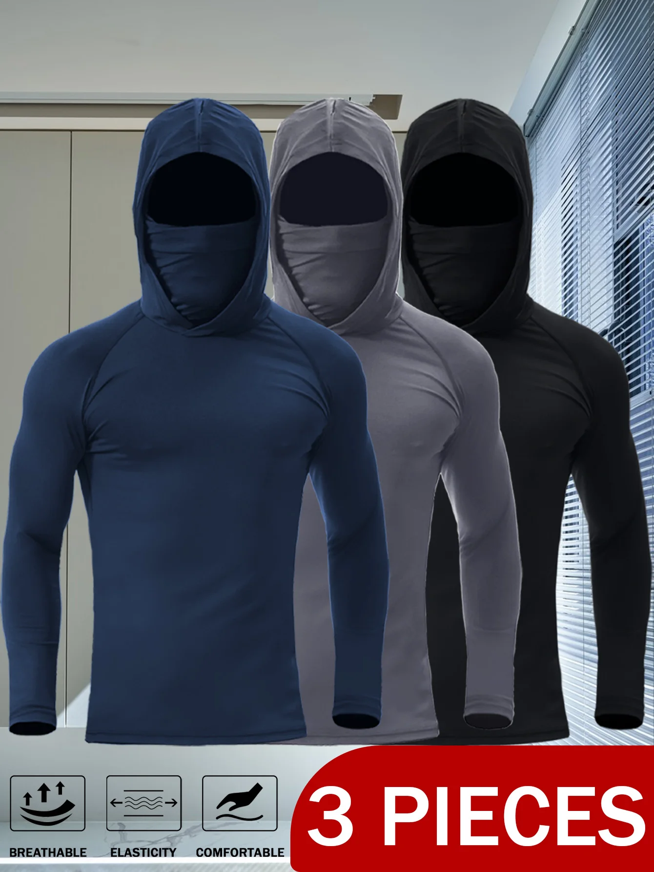 طقم قمصان رياضية بغطاء للرأس مكون من 3 قطع، قمصان أداء بأكمام طويلة