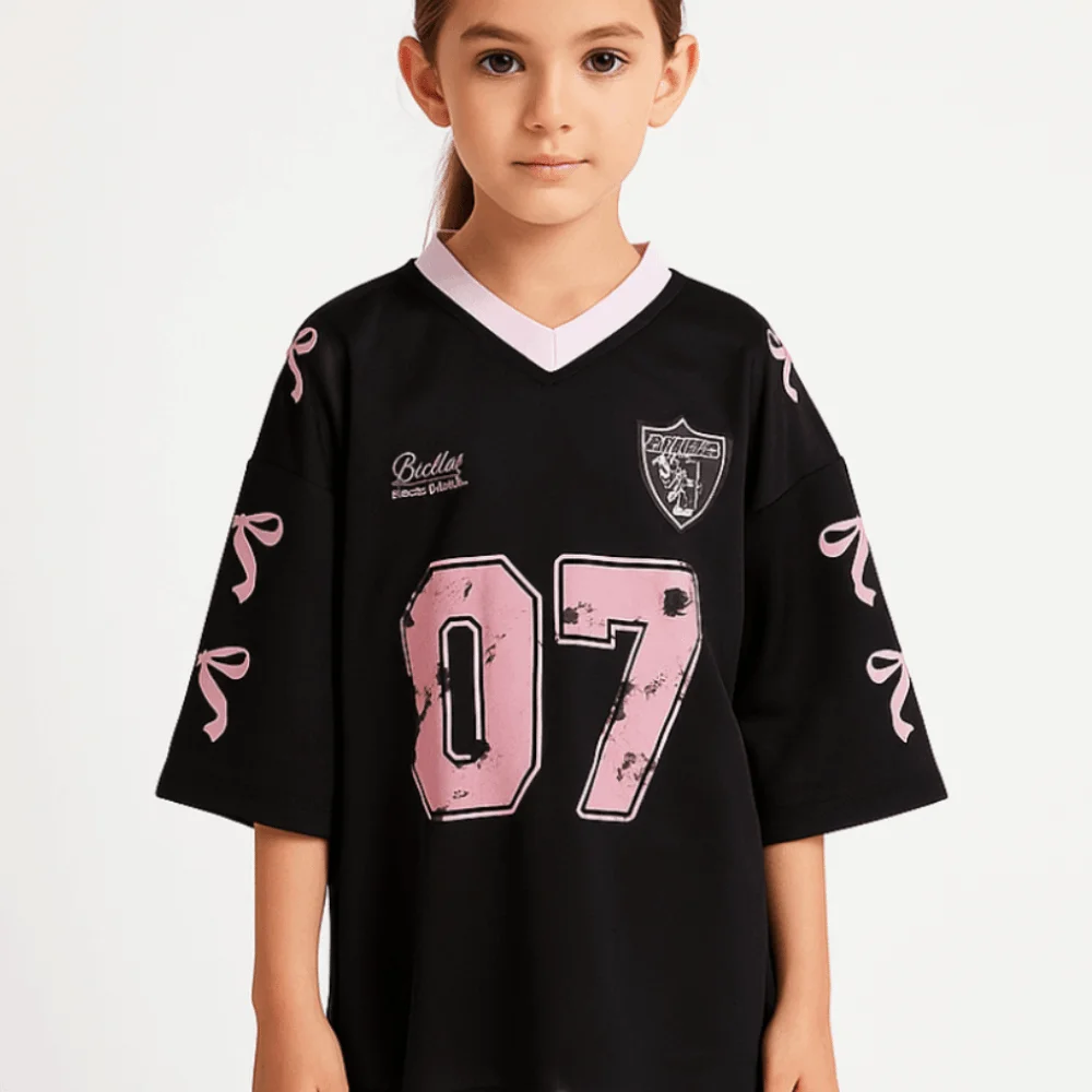 

V-neck Sports Tennis T-shirts Large Size Teenagers Adolescent Female Crop Tops American Style Loose Bow Letter Shirt