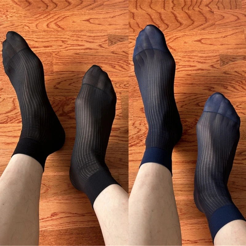 

Mens Nylon Sheer Suit Socks Business Dress Socks Thin Striped Short Tube Socks