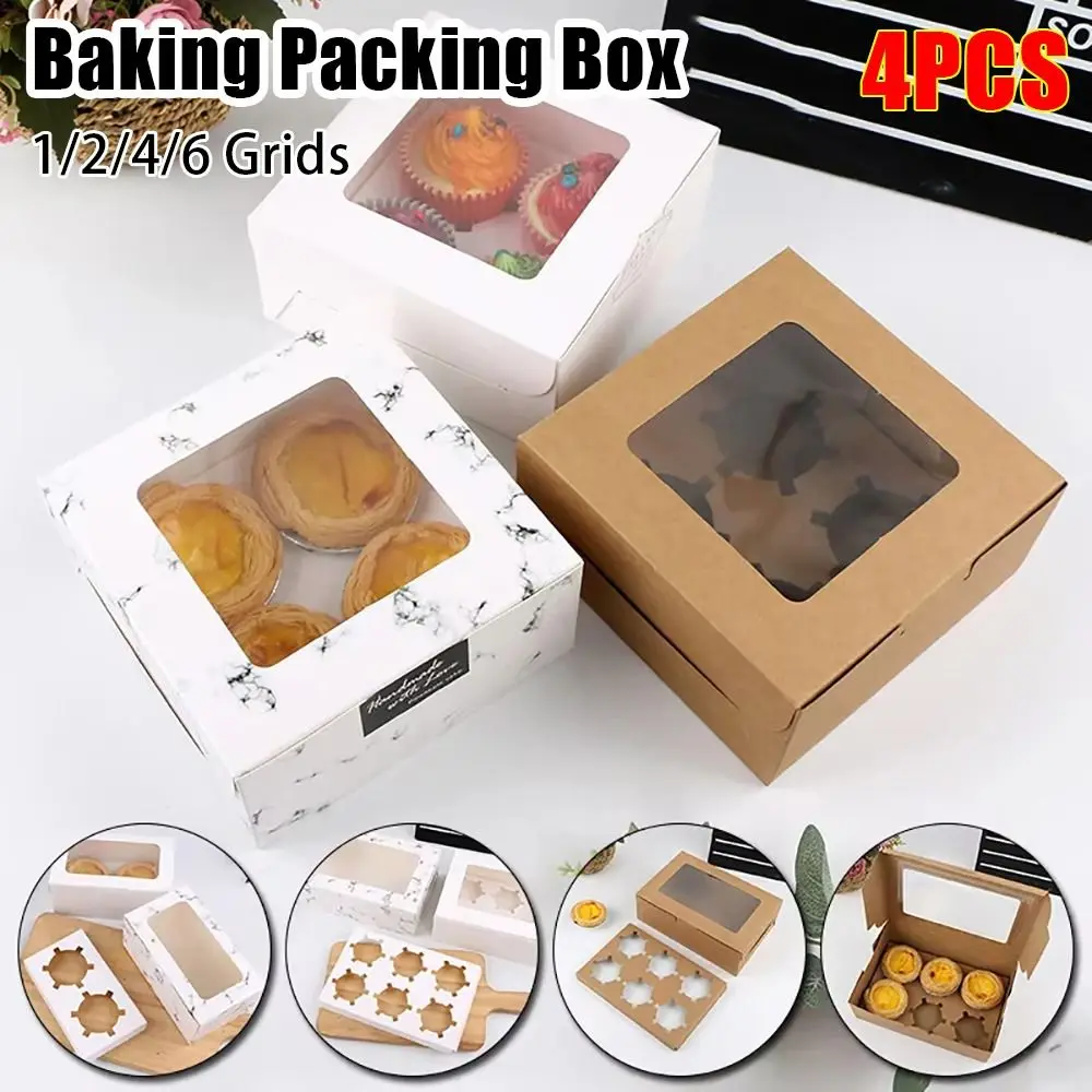 2/4Pcs Cupcake Packing Baking Packing Box Transparent Window 1/2/4/6 Grids Gift Package Boxes For Cake Muffins Kraft Paper