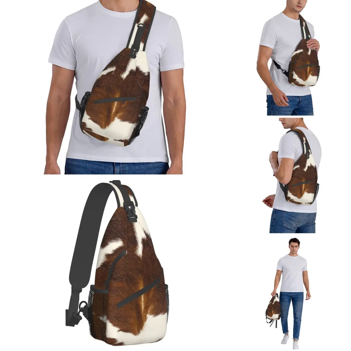 Bolsos de piel de vaca marrón para el pecho, bandolera de hombro, mochila de viaje para senderismo, mochila informal de piel de vaca