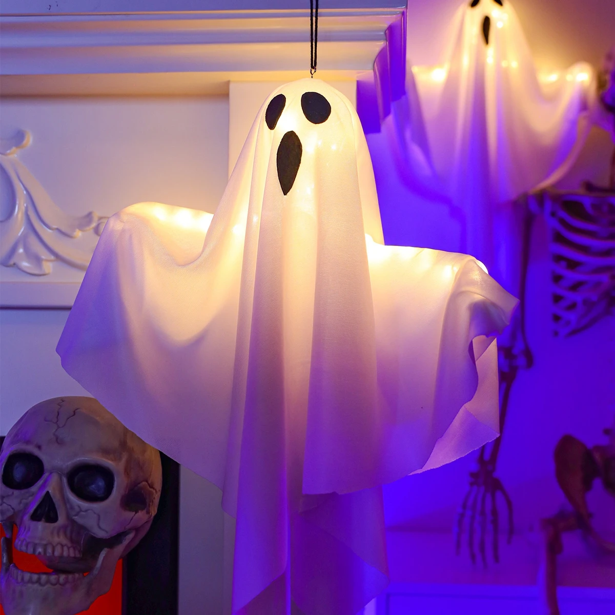 White Ghost Halloween Horror Atmosphere Creative LED Hanging Lights Decor 2024 Spooky Haunted Halloween Party Ghost Decoration