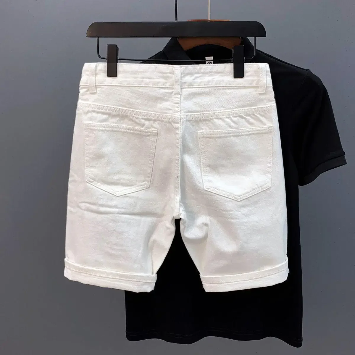 LIBIELIY Summer Men's White Solid Color Hole Patched Jeans Shorts New Fashion Casual Trendy American High Street Denim Shorts Ma