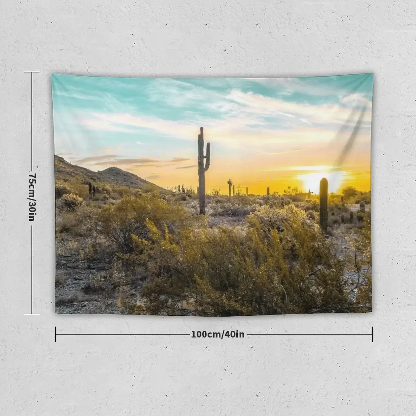 Desert Sunrise // Picture of Saguaro Cactus and a Teal Blue Sky in the Desert Tapestry Things To The Room Decor Home Tapestry