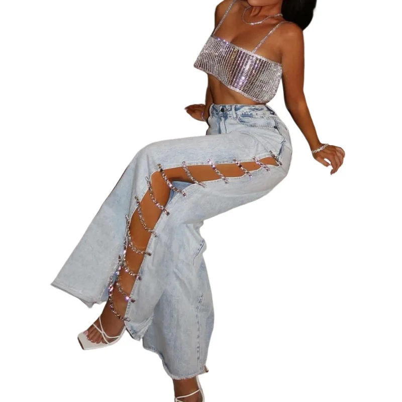 Calça jeans rasgada de cintura alta para mulheres, verão, fina, fenda lateral, jeans longo com correntes de broca, reta, perna larga