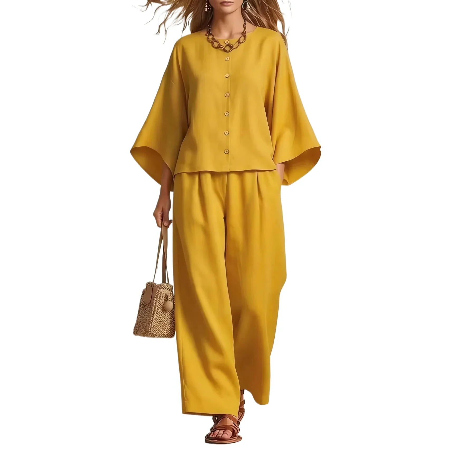 Plus Size Women 2 Piece Linen Set Bell Sleeve Button Top Wide Leg Pants Outfit