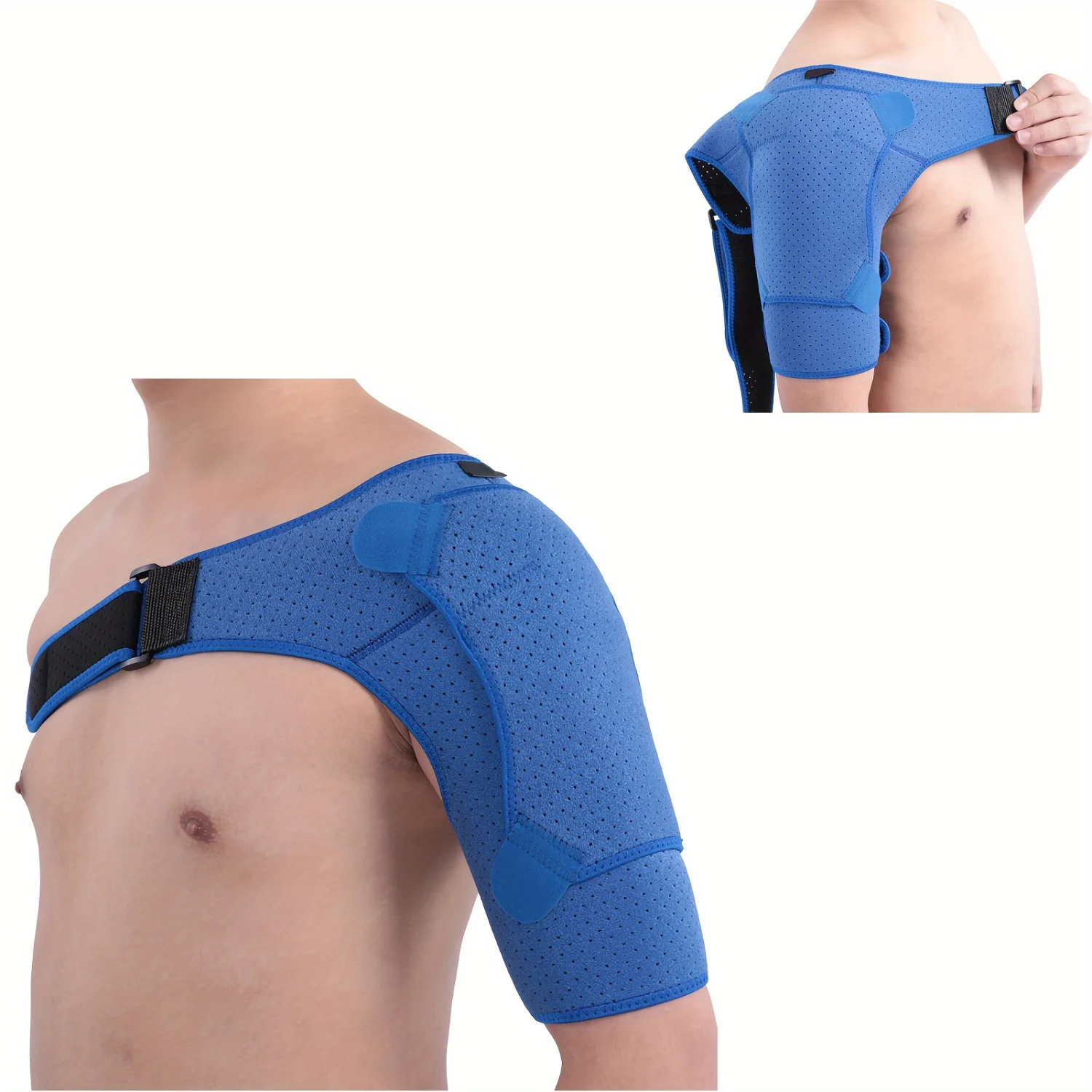 Adjustable Compression Shoulder Brace, Perforated Breathable Fabric, Lightweight With External Pressure Pad, Unisex, Blue