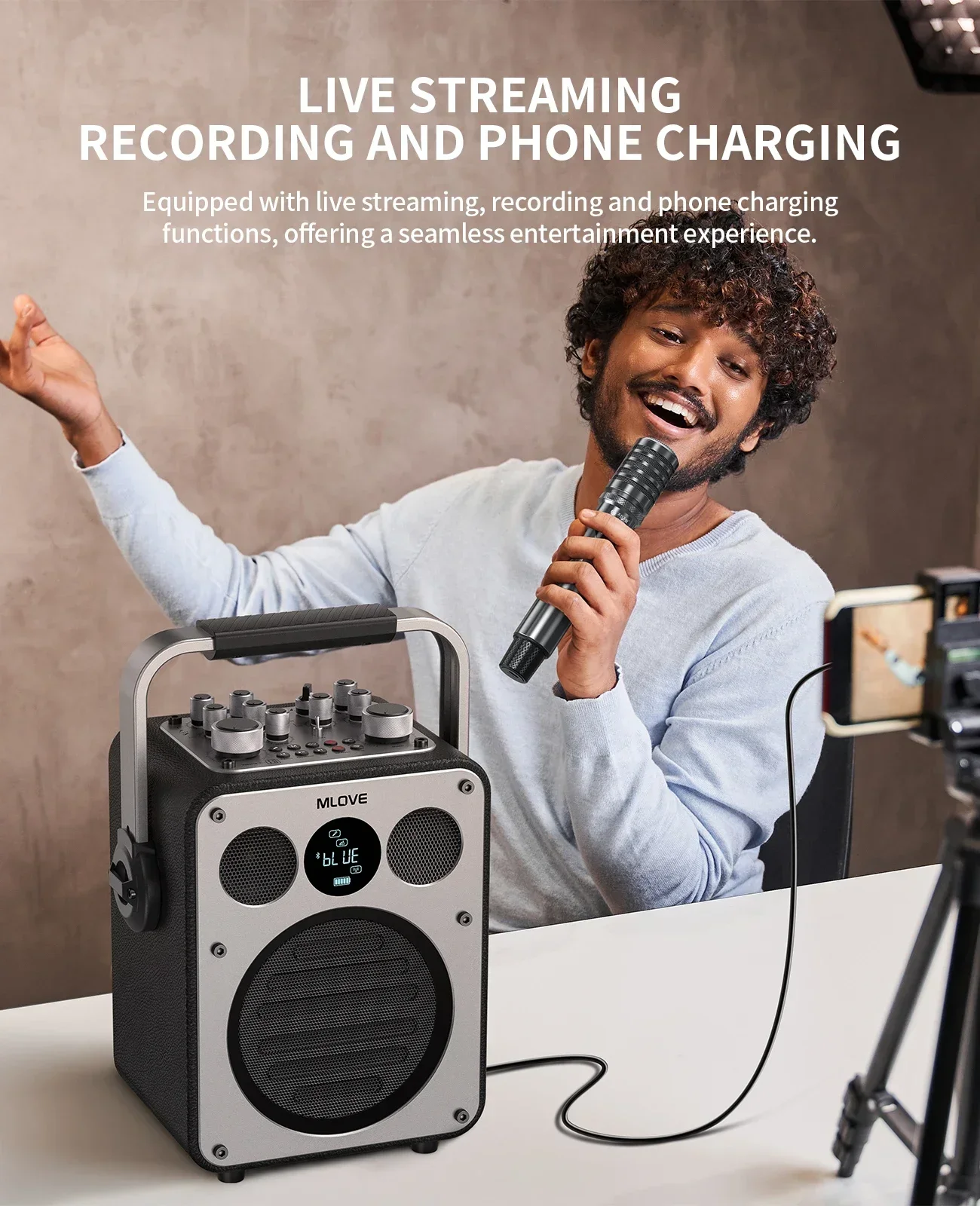 Máquina de karaokê profissional MLOVE para adultos – Alto-falante portátil de karaokê Bluetooth com 2 microfones sem fio PA integrados