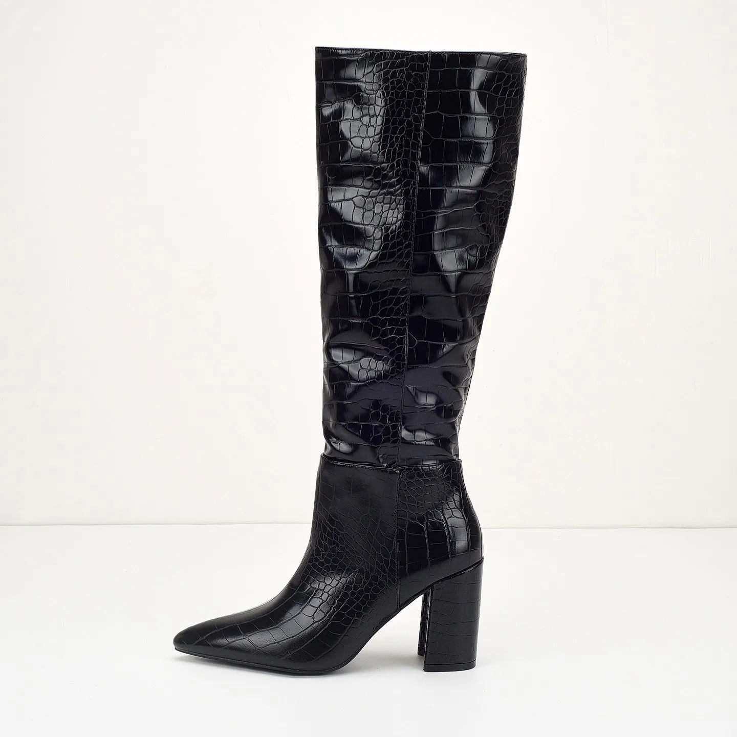 

Elegant Sexy Crocodile Pattern Patent Leather High Heel Booties Women's Ankle High Tube Boots Winter Rubber Outsole Sharp Poi...