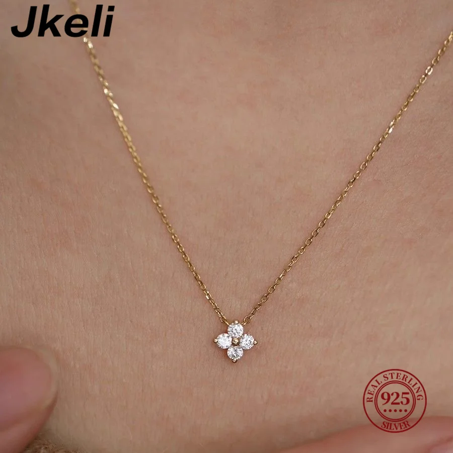 Jkeli 925 sterling silver plated 14K gold four-leaf clover small necklace female clavicle chain birthday gift