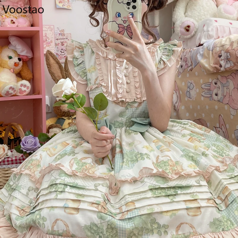 Robe Lolita Japonaise Douce pour Femme, Tenue de Princesse de Style Pastoral Victorien, à Volants, Imprimé Raisin Vert, avec Nministériels d, Tenue de Soirée