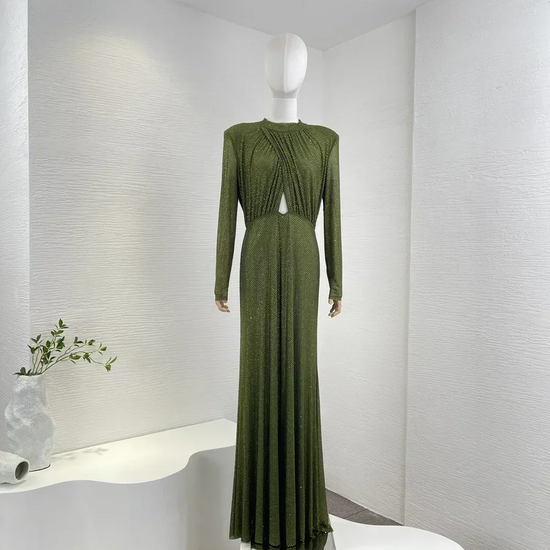 2023 Green Diamond Sexy Cut Out Full Sleeve Luxury Waist Long Mermaid Draped Folds Women Dress for Party