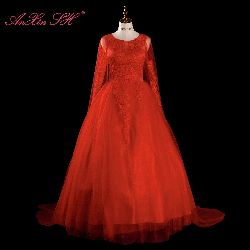 

AnXin SH princess red flower lace o neck illusion with veil shawl lace up ball gown simple ruffles bride red wedding dress