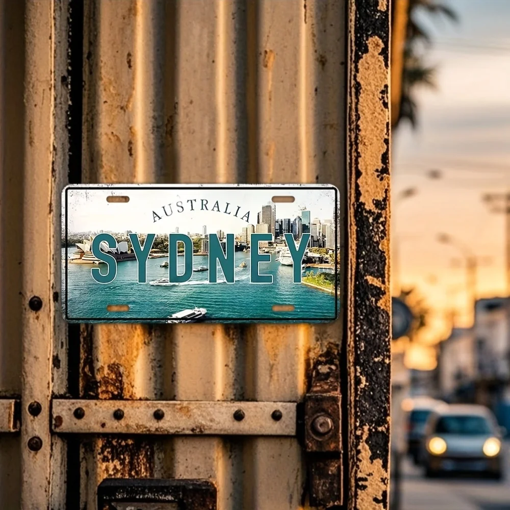 لوحة ترخيص سيدني أستراليا - عتيقة - تصميم جسر سيدني هاربور وأوبرا هاوس، لهجة أزرق مخضر - معدن ألومنيوم عالي التحمل