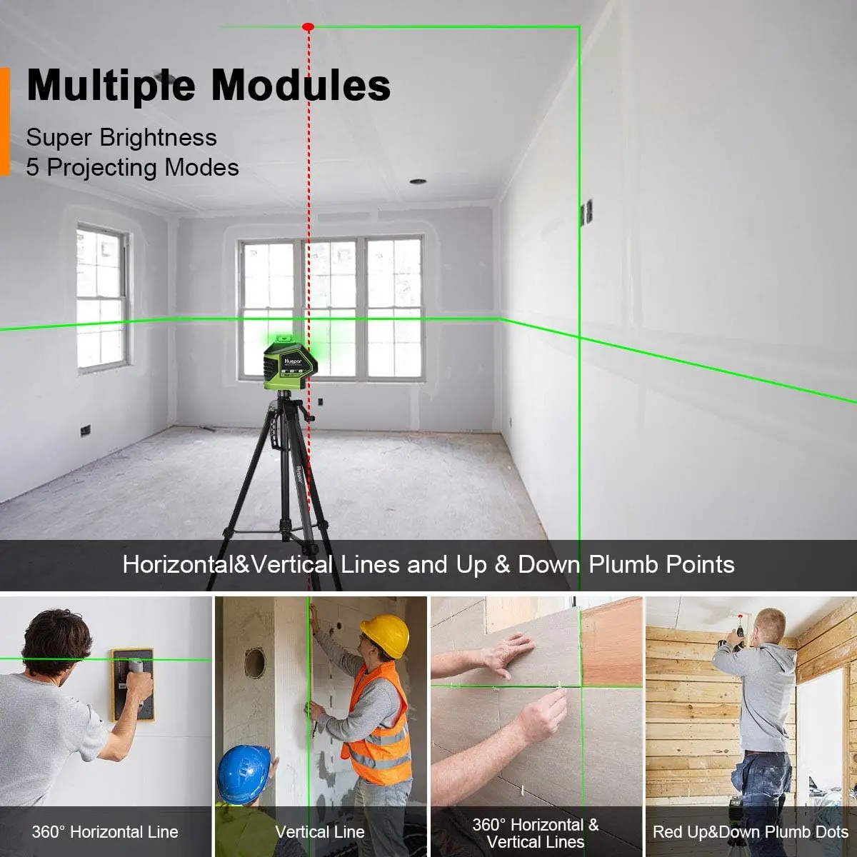 Huepar Self-Leveling Green Beam Laser Level Cross Line with 2 Plumb Dots 360° Horizontal Line Plus Large Fan Angle of Vertical