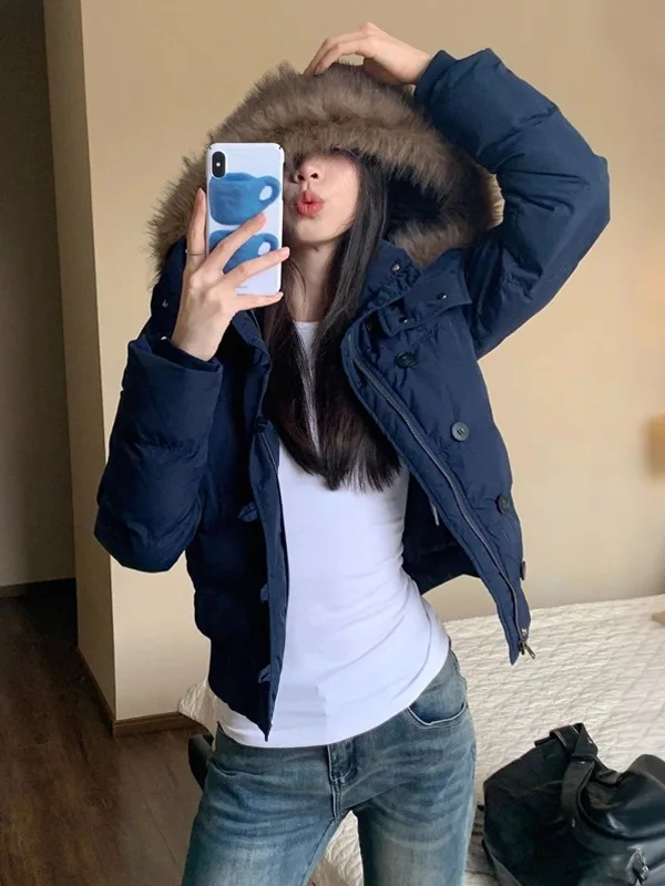 

Зимнее женское пальто из хлопка Thiened ort Cotton Jaet с капюшоном, теплое, с пушистым воротником, универсальное, для похудения, синее, из хлопка, Pu...