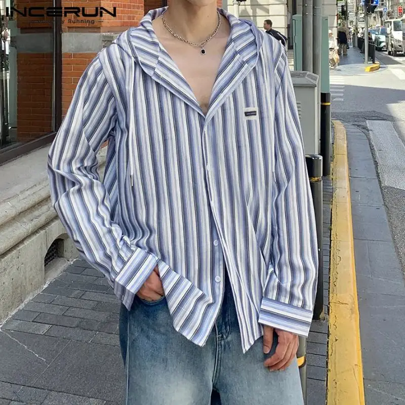 

2024 Autumn Casual Long Sleeve Shirts INCERUN Men Stripe Stitching Hooded Tops Korean Fashion Loose Vintage Style Tees S-5XL