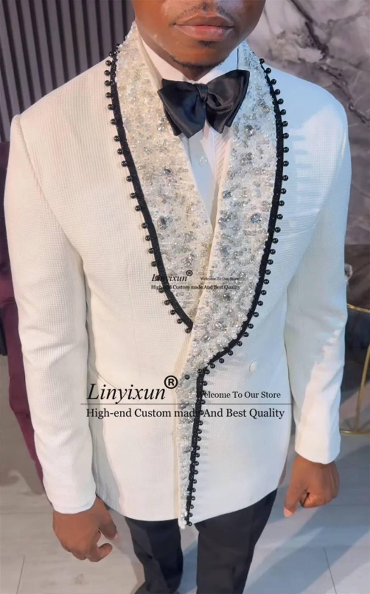 

Fashion Plaid Men Suits 2 Pieces Sets Wedding Groom Sparkly Beaded Crystal Prom Blazers Customized Double Breasted Costume Homme