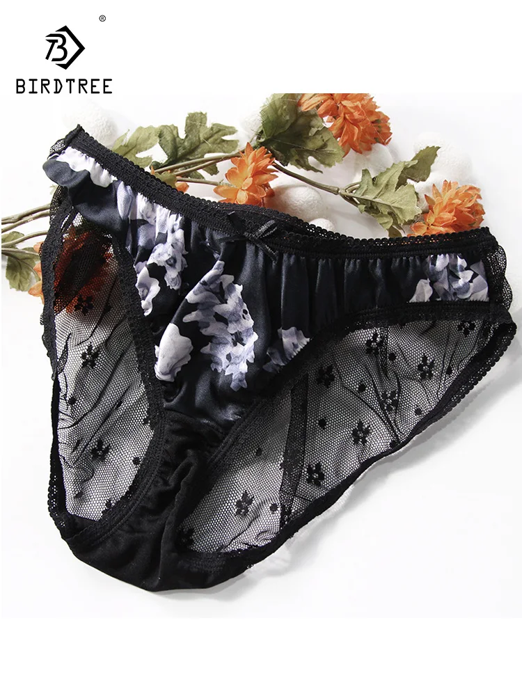 Ptaszek 100% jedwab kobiet majtki koronkowe seksowne beriefy bielizna niska bielizna Calcinha Brief Culotte nowa czarna P37630QC