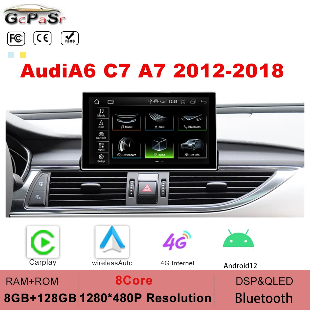 

For Audi A6 C7 A7 2012-2018 WIFI 4G 8+128GB RAM Carplay IPS Touch Screen GPS Navi 8 Core Android 12 System Car Multimedia Stereo