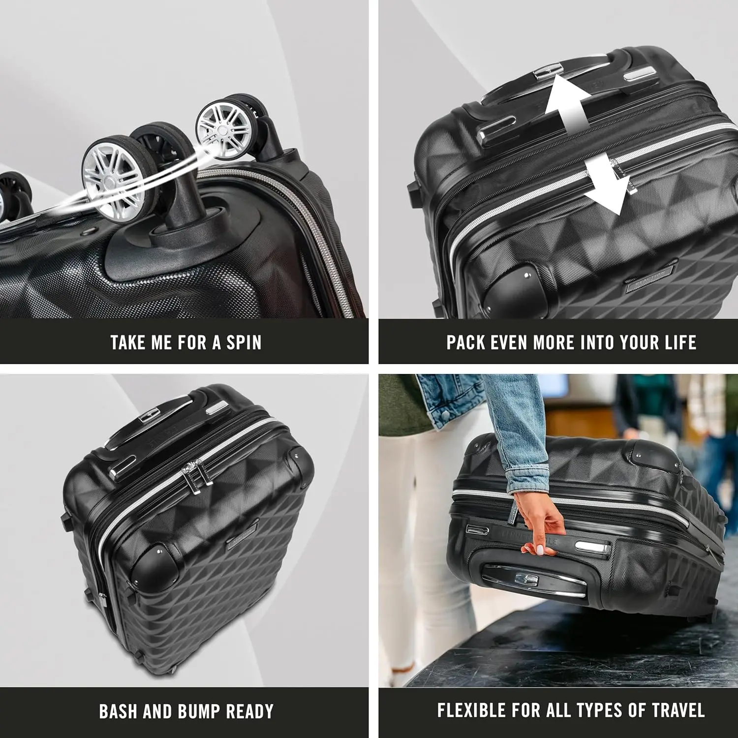 حقيبة سفر خفيفة الوزن وقابلة للتوسيع ذات 8 عجلات، باللون الأسود، حقيبة سفر صلبة مقاس 20 بوصة