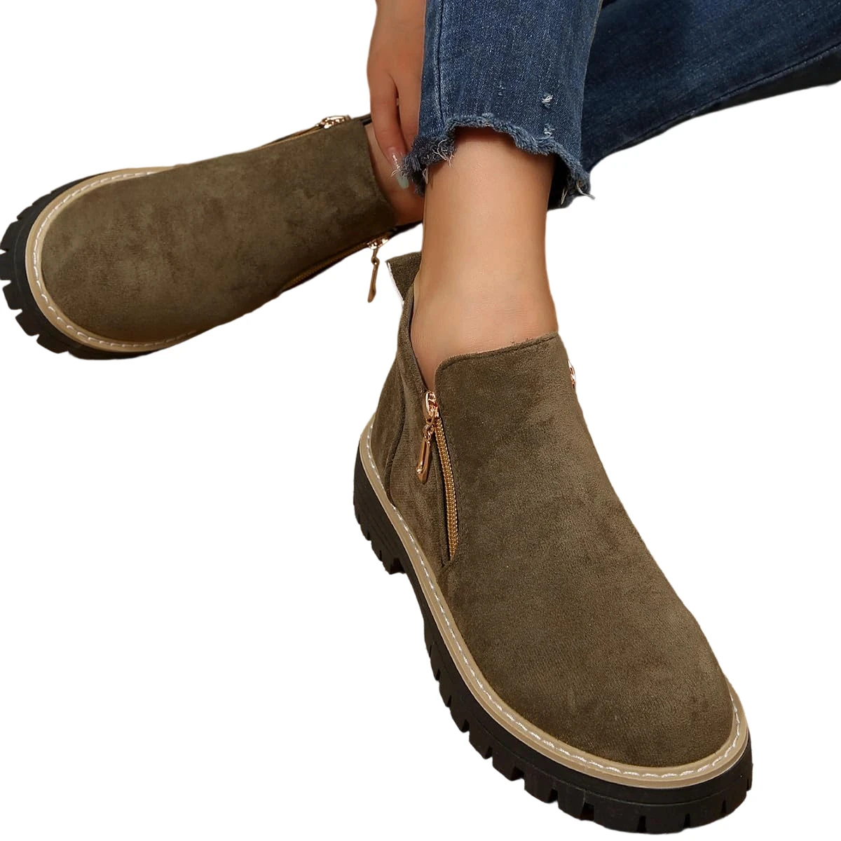 

Women New Round-Toe Ankle Boots Classic Suede Platform Riding Boots Fashion Vintage All-Match Double Zipper Short Booties