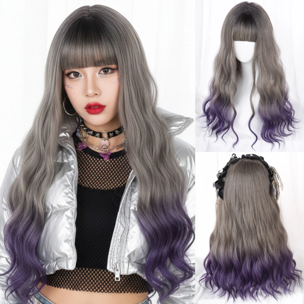 

Women Long Wavy Synthetic Gradient Purple Gray Wig with Bangs Cosplay Fake Hair for Lolita Halloween Party Wigs