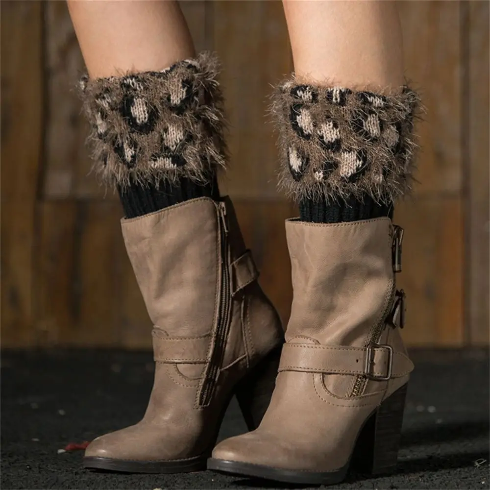 ยืดหยุ่นถักถุงเท้าข้อเท้าอุ่นฤดูหนาว WARM FUR Trim เสือดาวขาอุ่น BOOT ถุงเท้า