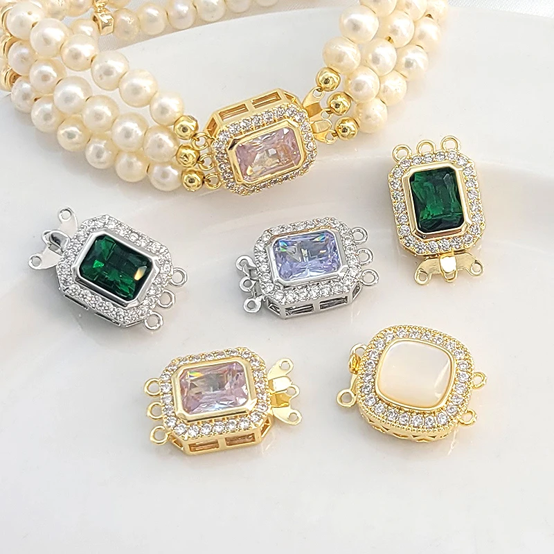 1pcs Copper-plated Zirconium Natural Shell Double Row Triple Row Clasp DIY Pearl Necklace Bracelet End Clasp Jewelry Accessory