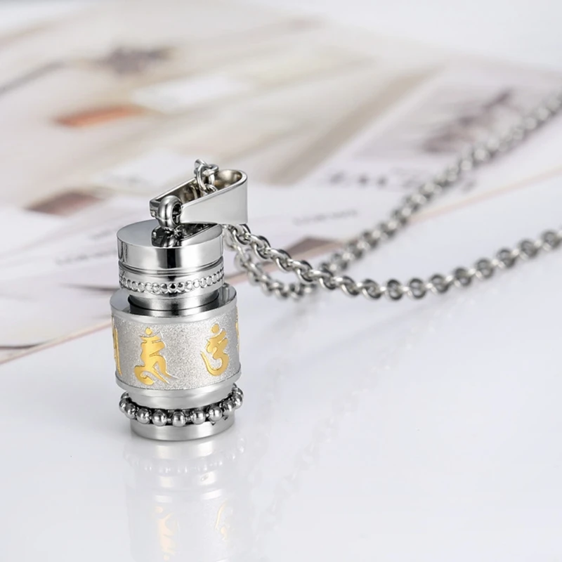 Stainless Steel Buddhism Six Words Rotatable Necklace Women Men Prayer Wheel Bottle Urn Pendant Necklace