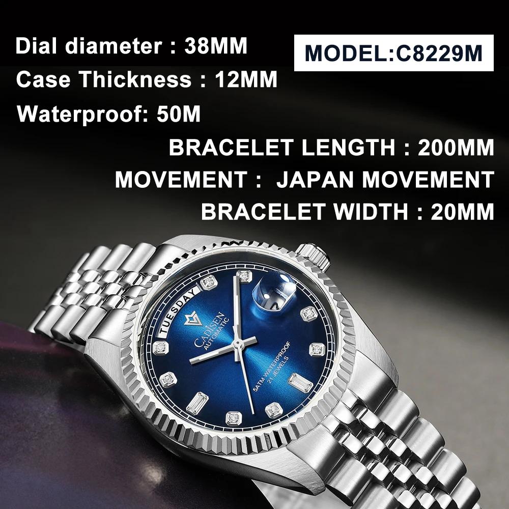 CADISEN 38mm Classic Men\'s Mechanical Watches Week Diamond Dial Luxury Automatic Watch Men Japan MIYOTA Movt Sapphire Crystal