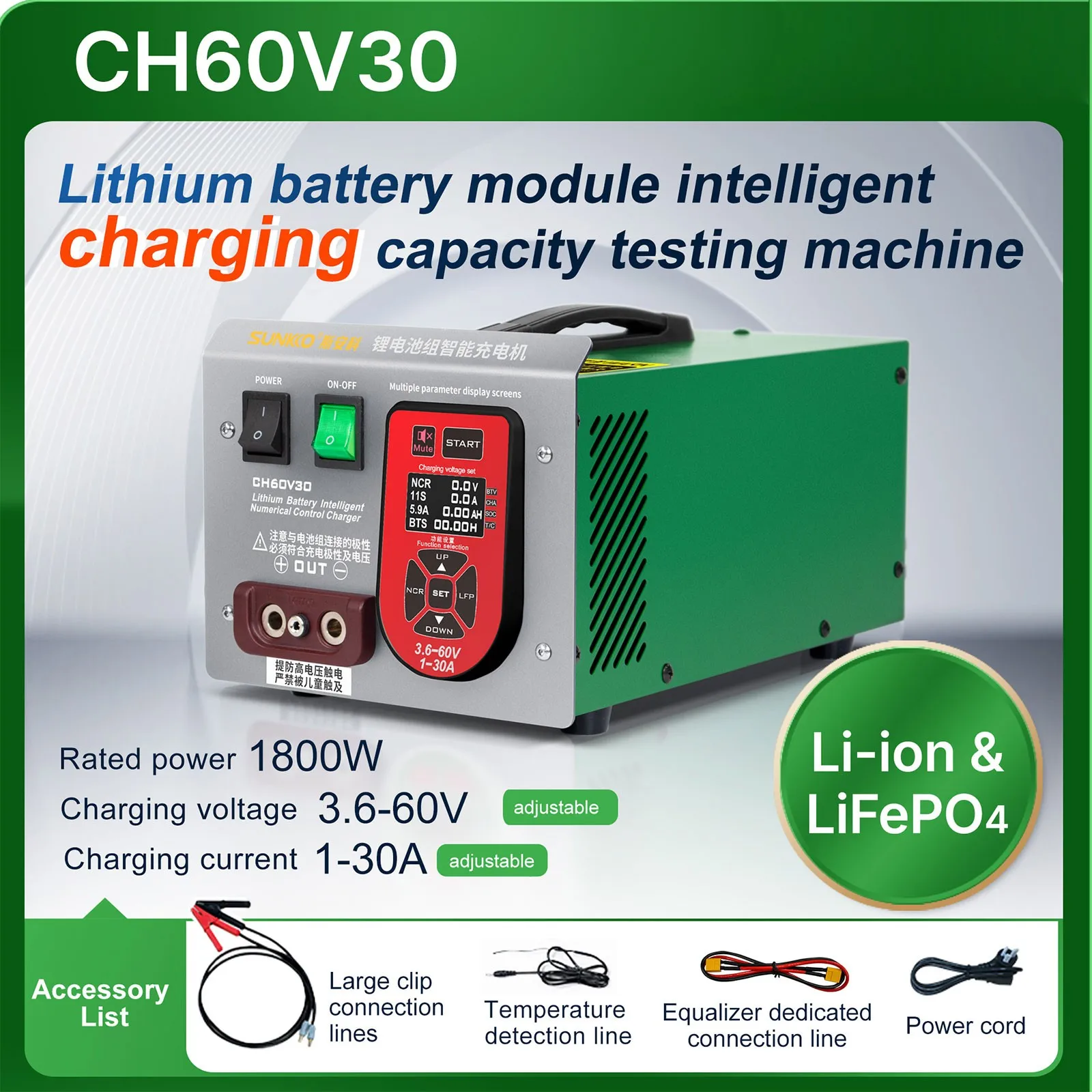 Maxgeek SUNKKO CH60V30 Professional Lithium Battery Pack Intelligent Charger 1-30A 1800W for Li-ion/LifePO4 Battery Modules