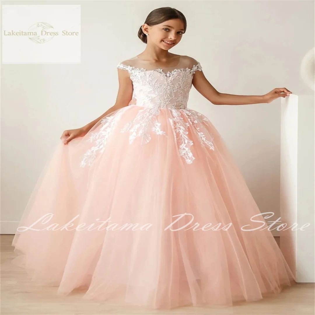 Pink Flower Girl Dresses Tulle White Pattern Appliques With Bow Sleeveless For Wedding Birthday Party First Communion Gowns