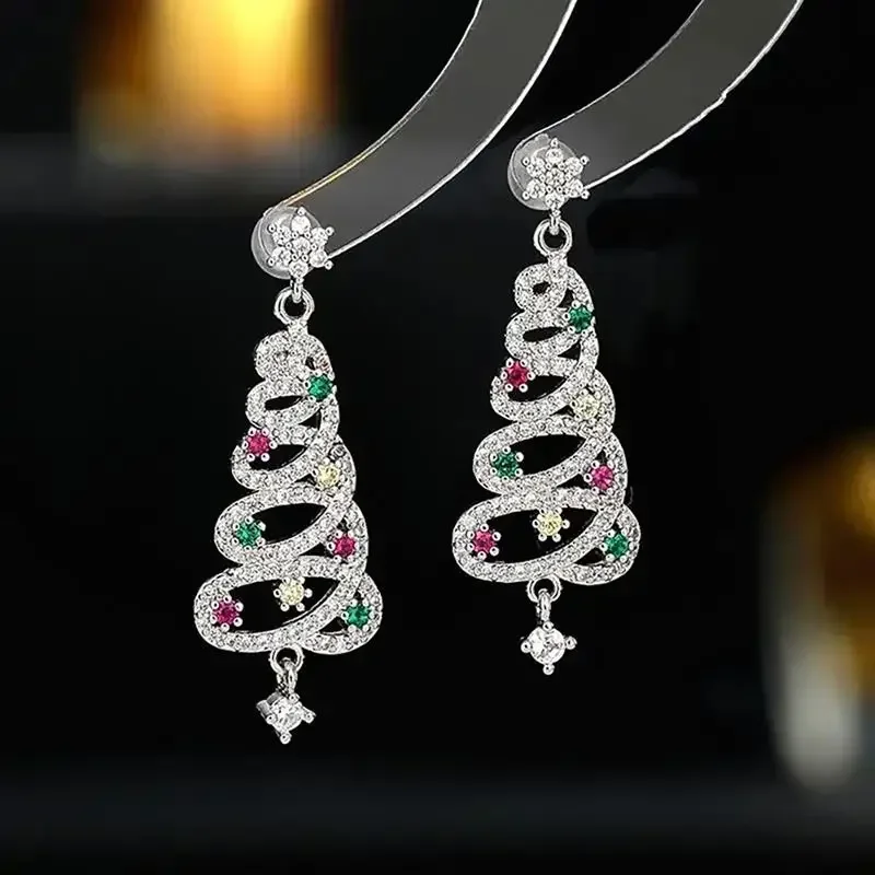 Huitan Ästhetische Bunte Kubische Zirkonia Weihnachtsbaum-Ohrhänger für Frauen, Hohles Kreuz, Party, Festival, Eleganter Schmuck – Detail 7