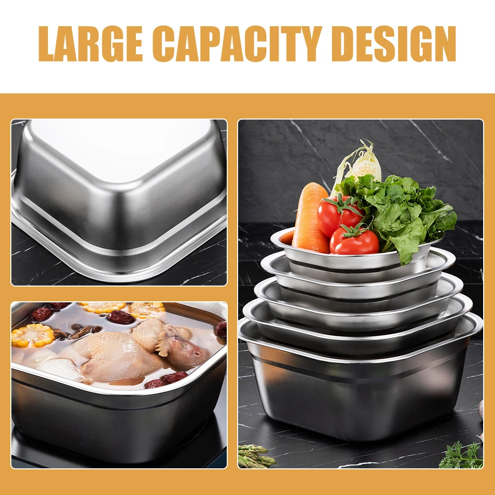 

Elegant Stainless Steel Basin Large Capacity Multifunctional Square Vegetable Washing Container Flat Bottom Kitchen Accessory