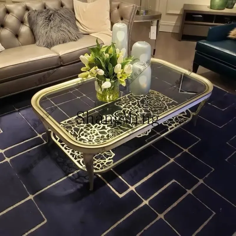 

CL luxury modern glass tempered round coffee table living room simple wood rectangular hollow coffee table
