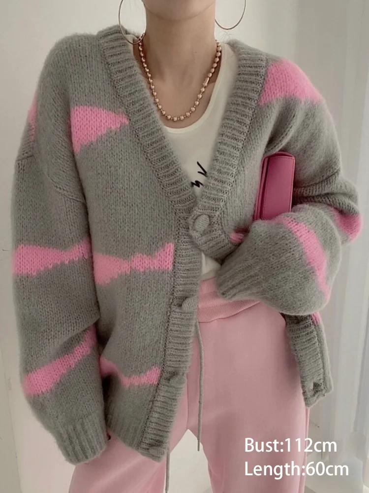 秋冬 V ネックカーディガンセーター女性カジュアルルーズ長袖シングルブレストセーターコートファッションレディースニットアウター