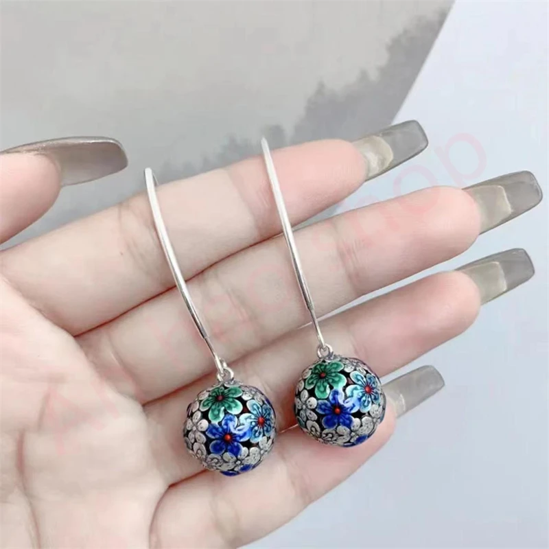 925 Silver Enamel Colored Five Happiness Flower Earrings, Retro Ethnic Style Personalized Earrings