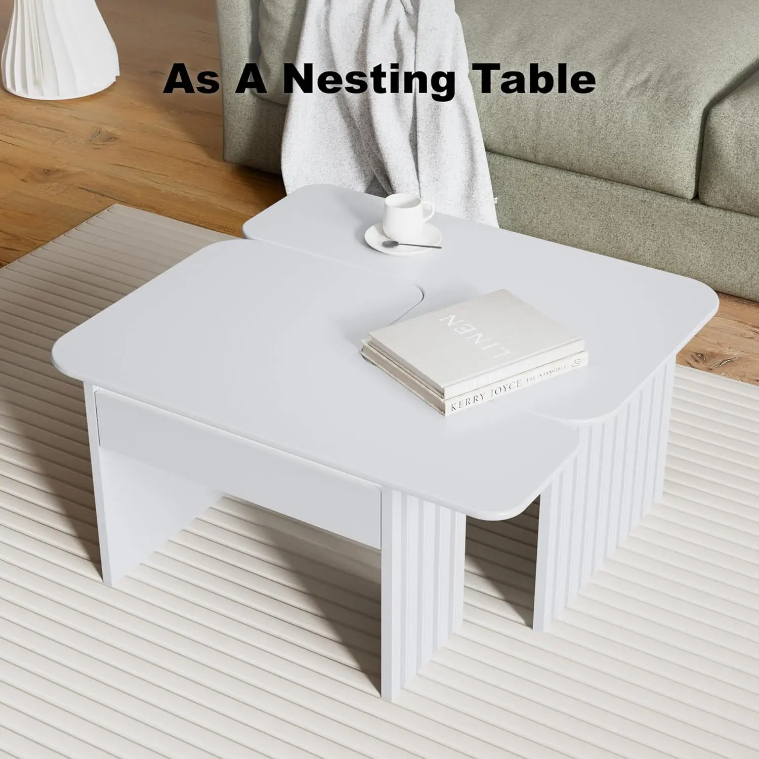 مجموعة طاولات القهوة الحديثة المكونة من قطعتين - خشب هندسي أبيض مع درج تخزين، نمط شريطي عمودي \u0026 زوايا مستديرة #5