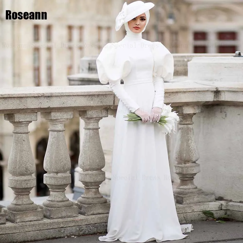 

Muslim 2024 New Design High Collar A-line Wedding Dresses Button Puff Sleeve Draped Pleat Floor Length Bride Gown robe de mariée