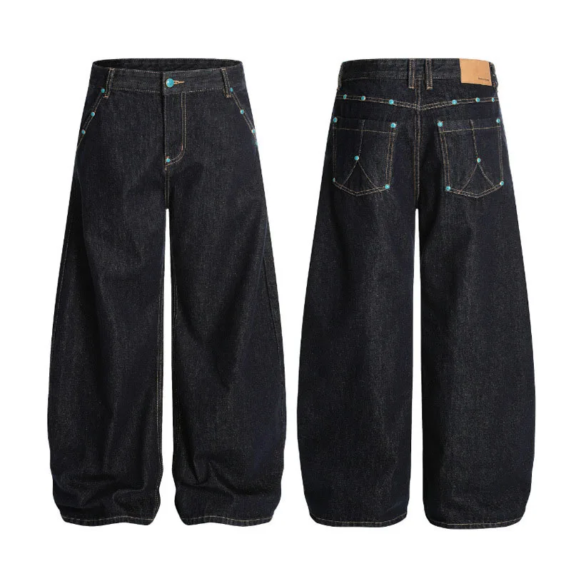 LUZHEN موضة الأصلي بلون واسعة الساق الدنيم السراويل الرجال 2025 جيوب جديدة الأحجار الكريمة تزيين فضفاض جينز غير رسمي JY3047