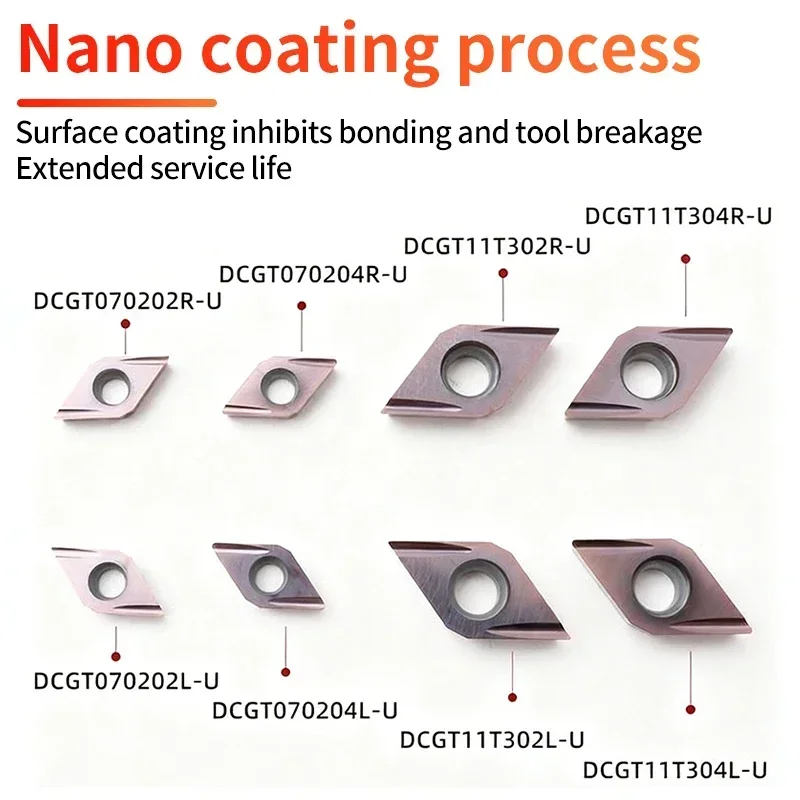 DCGT11T302L-U DCGT070204R-U Grooved Front‑Cut Swiss‑Type Lathe Inserts For Stainless Steel Finishing, High‑Light Turning Inserts