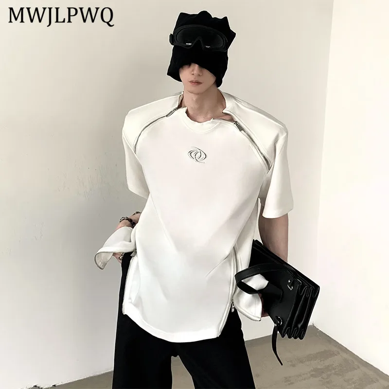 

MWJLPWQ Summer Niche Deconstructed Zipper Design Sense Shoulder Pad Short Sleeve Men's High-end Versatile T-shirt Trend 11057