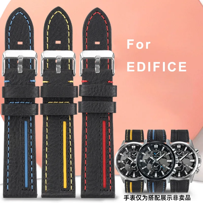 Cowhide lea/ther watchstrap 22MM soft black red blue yellow lines men watchband For CASIO EDIFICE EFR-303L 303D EQB-501 EFS-S500