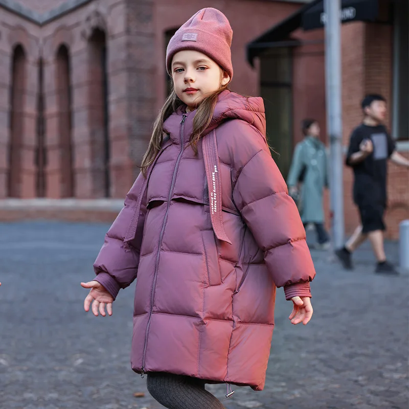 

Girls 2024 New Winter White Duck Down Jacket Children Hooded Thicker Warm Over Knee Long Down Coat y1395