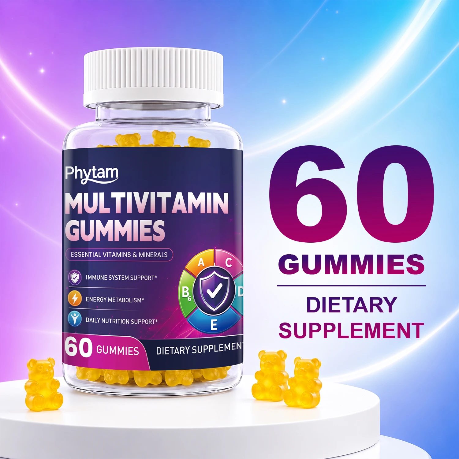 PHYTAM Adult Multivitamin Bear Gummies 14 in 1 Vitamins Minerals Complex Vitamin C Zinc B D Energy Metabolism Immune Daily Nutritional Support 60 Counts