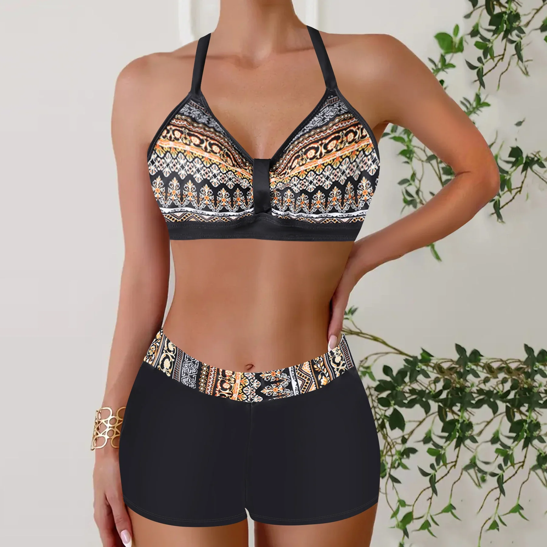 Women's Summer Vacation Tankini Set - High Stretch Crew Neck Swimsuit with Random Print, Knit Fabric 2 Piece Tropical Bikini
