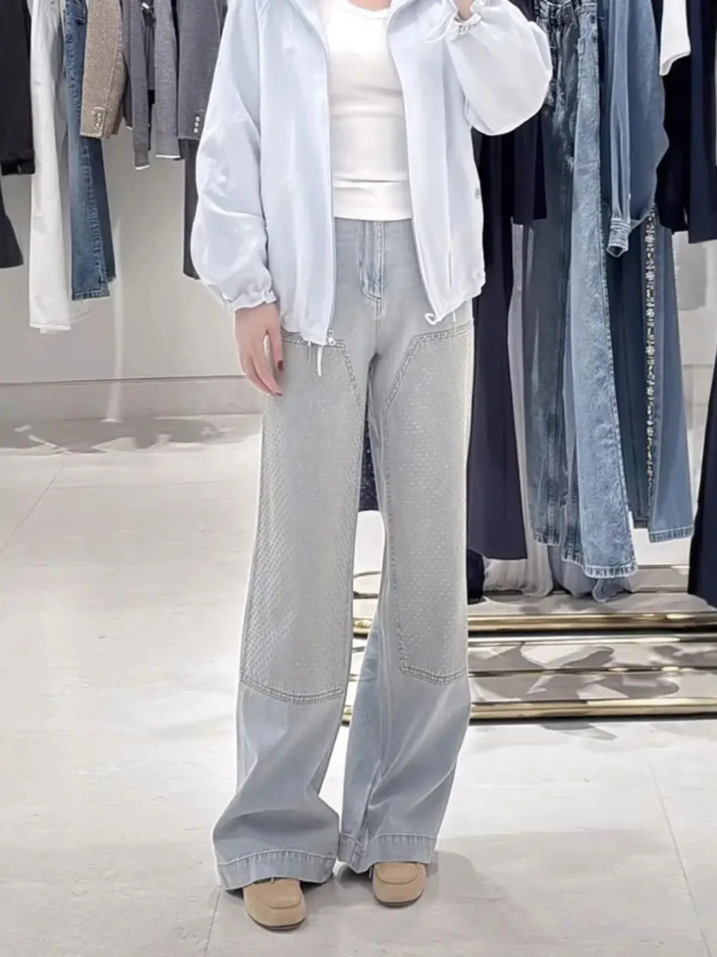 

Rhinestone Decoration Women Denim Long Pants High Waist Solid Color Straight Loose Jeans
