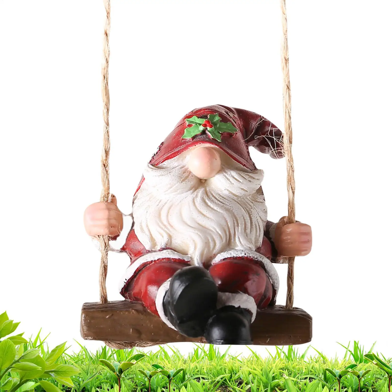 

Gnome Statues Patio Christmas Gnome On Swing Sculpture Resin Decorative Figurine Ornament For Indoor Outdoor Yard Lawn Garden