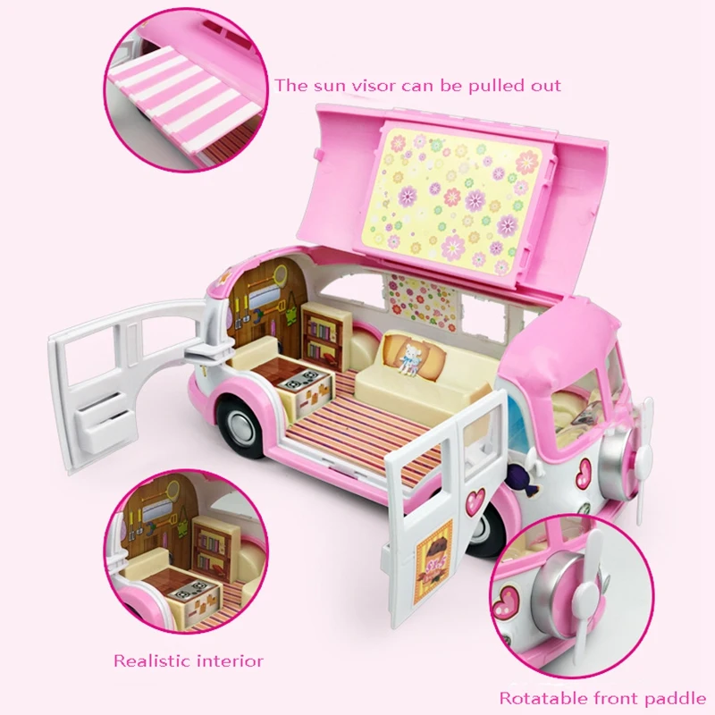 Camper Car Kids Picnic Ice Cream RV Set DIY House Convertible Picnic Car Kids Toys Chair Stickers Suit Toys(Pink)